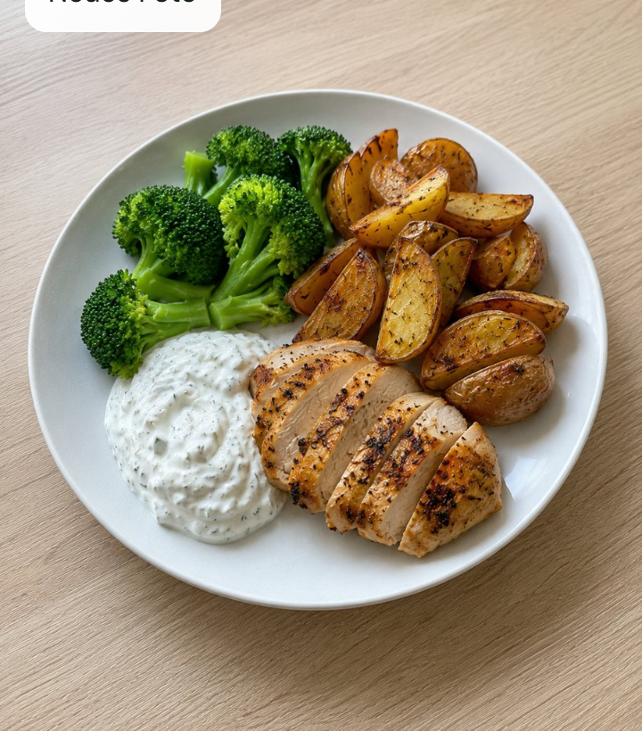 Die Beispielmahlzeit aus der echten Review-Ansicht: Hähnchen mit Kartoffeln, Brokkoli und Quark.