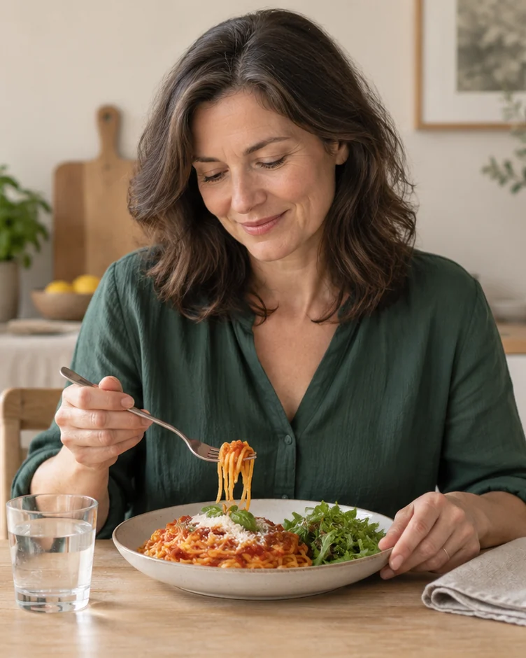 Eine Frau genießt Pasta am Esstisch.