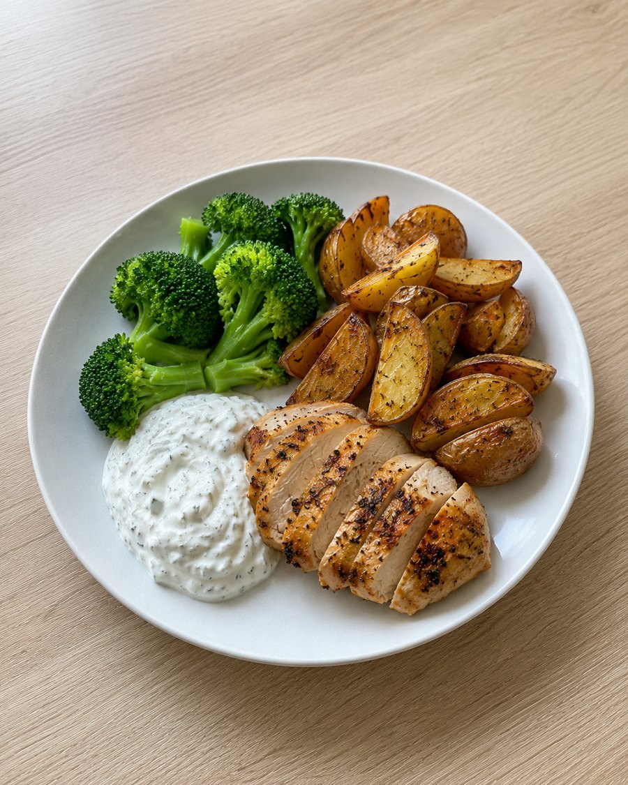 Beispielmahlzeit: Hähnchen mit Kartoffeln, Brokkoli und Quark.